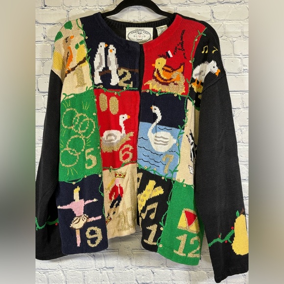 VINTAGE 90s The Eagles Eye 12 Days of Christmas Holiday Cardigan Sweater XL - Picture 1 of 8